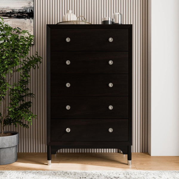 English Elm 1pc Mid-century Five-drawer Tall Chest Walnut Veneer Black Matte Finish Silver Legs B2741P446689