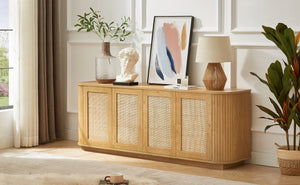 English Elm 64-Inch Wave-Shaped Tv Stand With Rattan Doors – Modern Storage Cabinet For Living Room & Bedroom W1162P309023