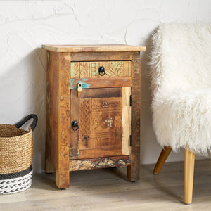 English Elm Christopher Knight Home® - CARVED Recycled Wood Side Table in Natural Finish with Distressed Paint, Drawer & Cabinet Storage 66416.00