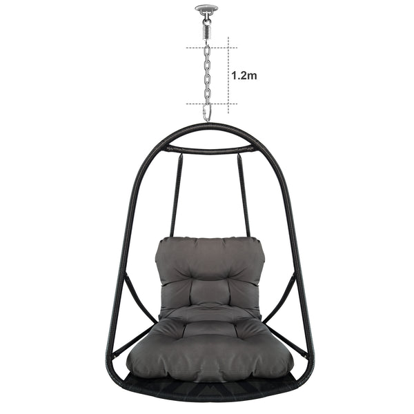 English Elm without Swing Egg Chair Rattan Hanging Patio Basket with C-Bracket, Foldable, Cup Holder, Cushions, Durable Metal Frame Black W2707P388615