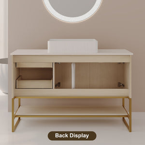 English Elm 47.2" Freestanding Bathroom Vanity Wood Tone Cabinet Ceramic Vessel Sink Gold Legs W3136S00082