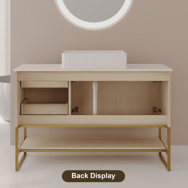 English Elm 47.2" Freestanding Bathroom Vanity Wood Tone Cabinet Ceramic Vessel Sink Gold Legs W3136S00082