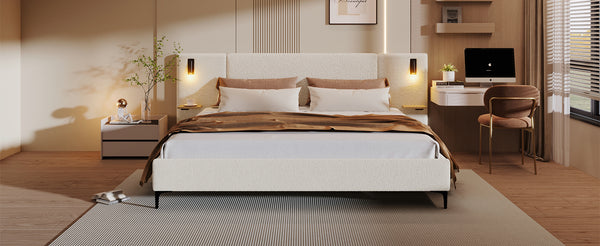 English Elm Christopher Knight Home® - Chic Boucle Upholstered Bed With Integrated Lights & Shelving For Modern Bedrooms, King Size N769P264787K