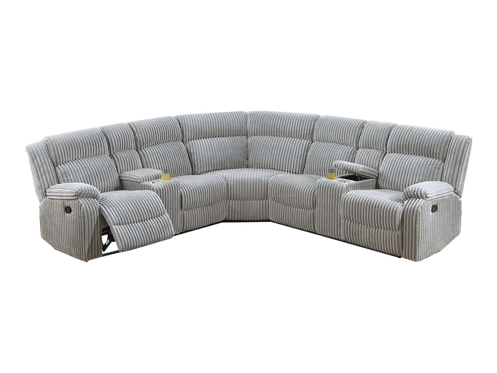 English Elm Sectional Plush Corduroy Reclining 3-Piece Sofa with Dual Consoles and Cup Holders, Seats Five Grey Ash 31 L x 26 W x 66 H B011S01737