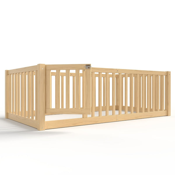 English Elm Twin Floor Bed Pine Wood Frame with Guardrails and Door for Safe Toddler Sleep Natural W1580P417669