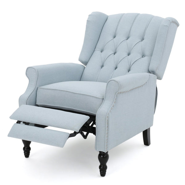 English Elm Charcoal Wingback Pushback Recliner with Button Tufted Diamond Fabric Upholstery Light Blue N763P410529H