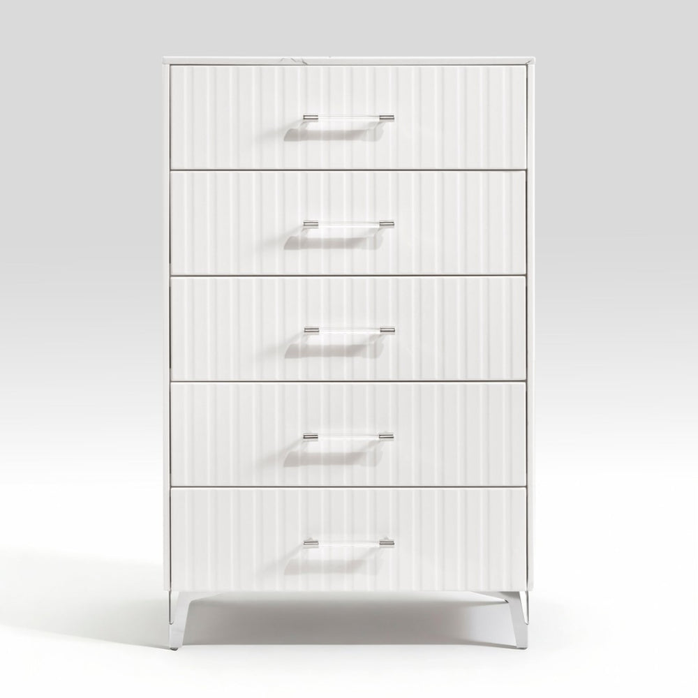 English Elm Glam White Five Drawer Chest Faux Marble Top Chrome Legs Bedroom Storage B011P443205