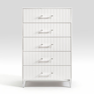 English Elm Glam White Five Drawer Chest Faux Marble Top Chrome Legs Bedroom Storage B011P443205