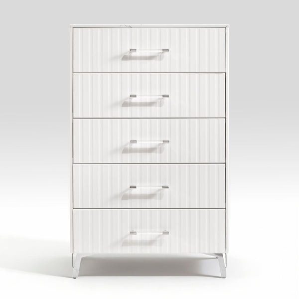 English Elm Glam White Five Drawer Chest Faux Marble Top Chrome Legs Bedroom Storage B011P443205