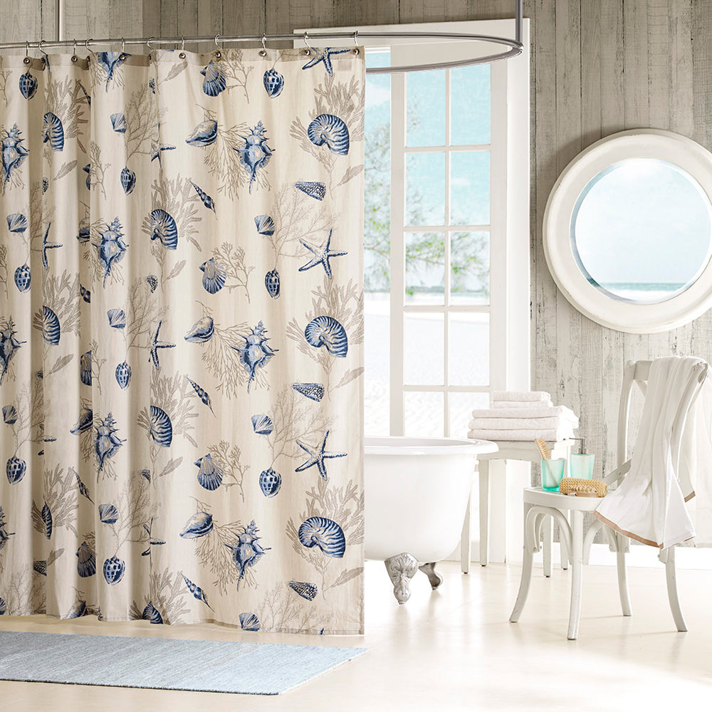 JLA Home Madison Park - Shower Madison Park Bayside Cotton 72x72 Seashell Print Curtain in Blue Taupe on Tan for Coastal Bathrooms MP70-645