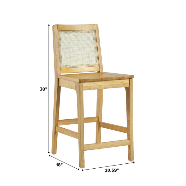 English Elm Walker Edison - Transitional Solid Rubberwood & Woven Rattan Counter Stool Set of 2, 38" H, Natural Finish, Durable Protection B185P169232