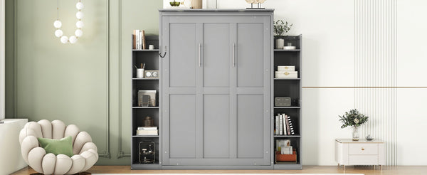 English Elm Full Size Murphy Wall Bed with Led Lighting Open Shelves Space Saving Cabinet Gray LP000694AAE-2