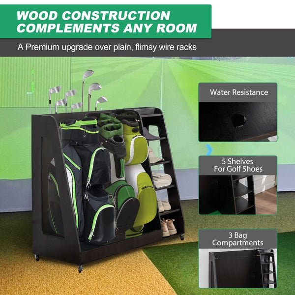 English Elm Gray Wooden Golf Organizer Rack with Drawers for Garage Club Bag Shoe Storage Black W1422P296367