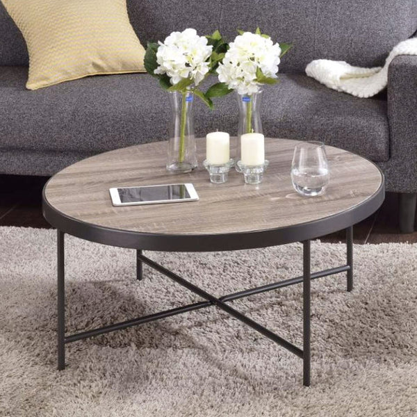 English Elm Round 33" Wooden Top Coffee Table with Weathered Gray Oak Finish, Industrial Metal Frame & Cross Stretchers B016P310526