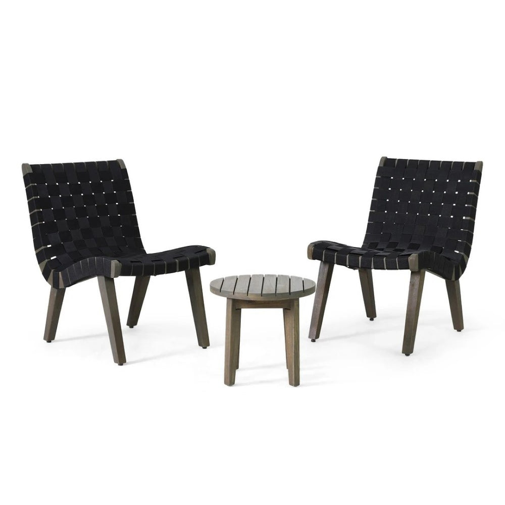 English Elm Outdoor Acacia Hardwood 3 Piece Patio Set with Woven Rope Strap Lounge Chairs 70913.00BLK2-62266.00GRY