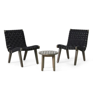 English Elm Outdoor Acacia Hardwood 3 Piece Patio Set with Woven Rope Strap Lounge Chairs 70913.00BLK2-62266.00GRY