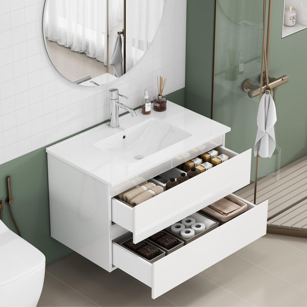 English Elm 31.5-inch Modern Bathroom Vanity with Integrated Ceramic Basin, Soft-Close Drawers, Black Accents Glossy White 35.04 L x 21.06 W x 6.89 H W3151S00064