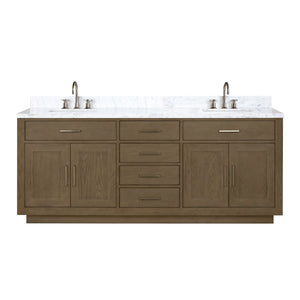 English Elm Grey Oak Double Bath Vanity With Carrara Marble Top, Chrome Faucet Set & Soft-Close Drawers B2731P257825