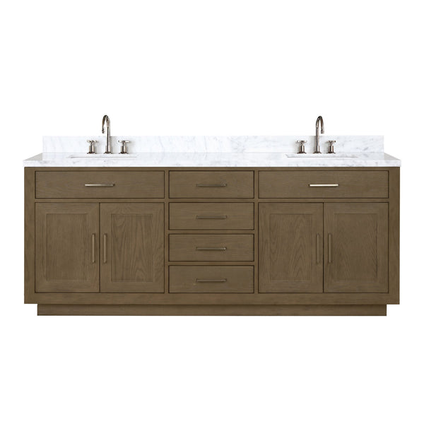 English Elm Grey Oak Double Bath Vanity With Carrara Marble Top, Chrome Faucet Set & Soft-Close Drawers B2731P257825