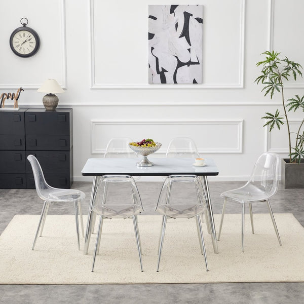English Elm Table and Chair Set Marble Glass Top Six Transparent Seats Silver Legs Dining W1151S04649