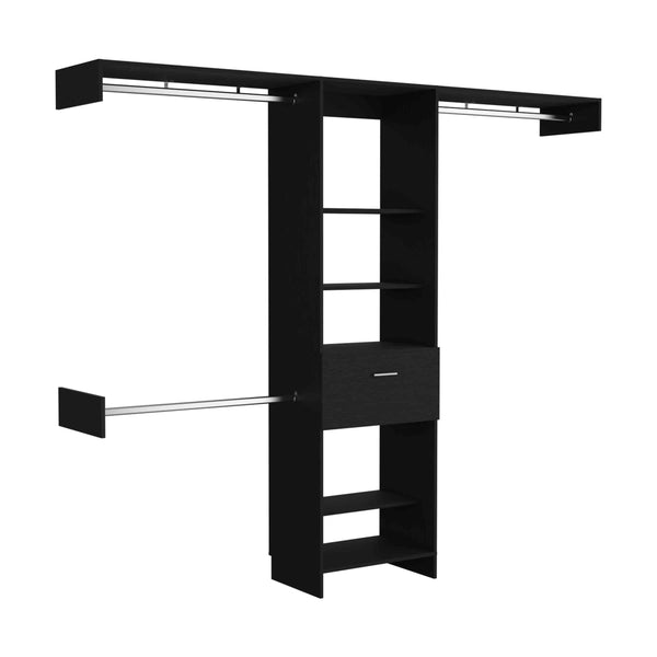 English Elm Closet Adjustable Storage System 70–118" W with Three Hanging Rods, Five Shelves & One Drawer, Engineered Wood Black 82.68 L x 20.87 W x 3.54 H B097S00167