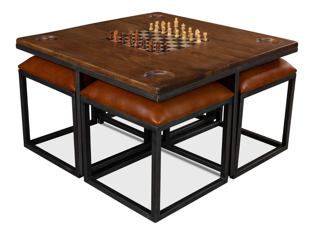 Sarreid Low Game Table With Four Stools - Stylish Fruitwood & Pewter Design, Perfect For Family Game Night! Brown  25693