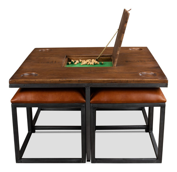 Sarreid Low Game Table With Four Stools - Stylish Fruitwood & Pewter Design, Perfect For Family Game Night! Brown  25693