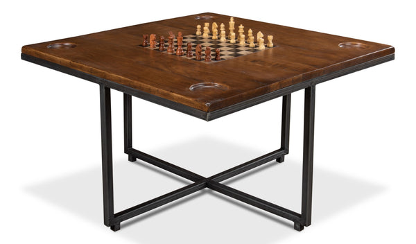 Sarreid Low Game Table With Four Stools - Stylish Fruitwood & Pewter Design, Perfect For Family Game Night! Brown  25693