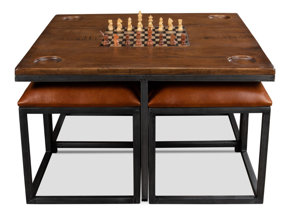 Sarreid Low Game Table With Four Stools - Stylish Fruitwood & Pewter Design, Perfect For Family Game Night! Brown  25693