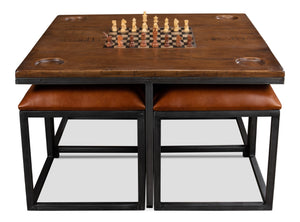 Sarreid Low Game Table With Four Stools - Stylish Fruitwood & Pewter Design, Perfect For Family Game Night! Brown  25693