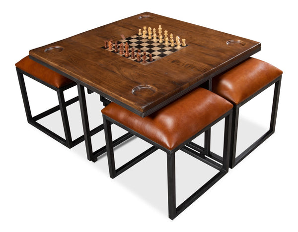 Sarreid Low Game Table With Four Stools - Stylish Fruitwood & Pewter Design, Perfect For Family Game Night! Brown  25693