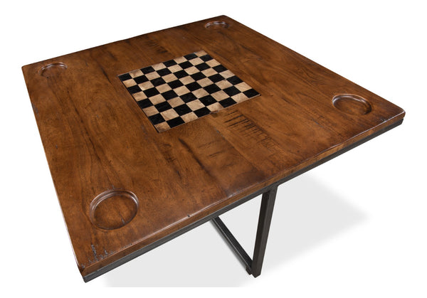 Sarreid Low Game Table With Four Stools - Stylish Fruitwood & Pewter Design, Perfect For Family Game Night! Brown  25693