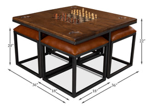 Sarreid Low Game Table With Four Stools - Stylish Fruitwood & Pewter Design, Perfect For Family Game Night! Brown  25693