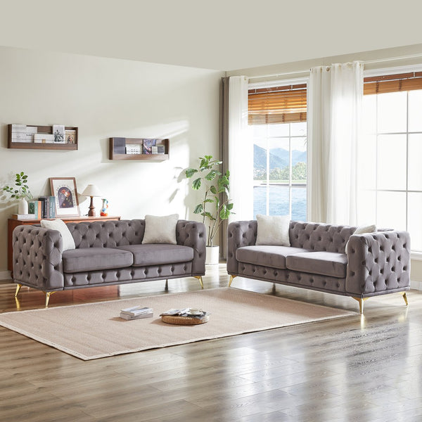 English Elm Fx Modern Velvet 3-Seater + 3-Seater Sofa Set – Stylish Apartment Furniture With Cushions & Metal Legs W1926S00073