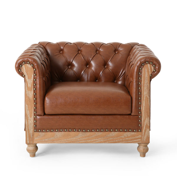 English Elm Christopher Knight Home® - CLUB Club Chair Chesterfield-Inspired Tufted PU Upholstery with Nailhead Trim, Scrolled Arms, Turned Legs Light Brown 39.25 L x 34.25 W x 25 H 72069.00COGN
