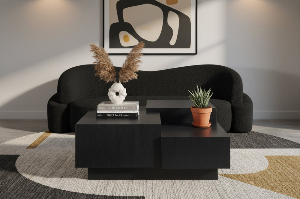 Meridian Furniture Mateo Art Deco Oak Veneer Square Coffee Table with Multi-level Dual Tiered Living Room Surface Black 256Black-CT