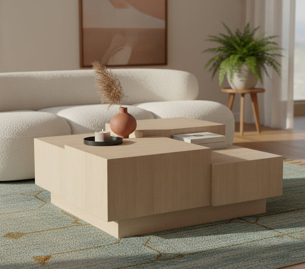 Meridian Furniture Mateo Art Deco Oak Veneer Square Coffee Table with Multi-level Dual Tiered Living Room Surface Natural 256Natural-CT