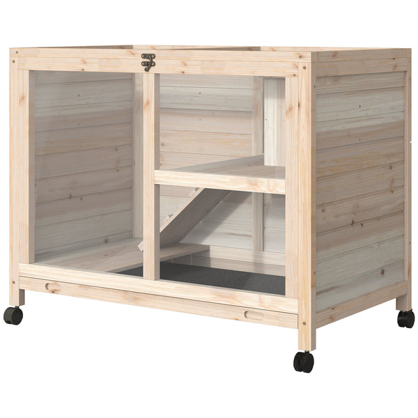 English Elm PawHut Compact Indoor Rabbit Hutch with Wheels and Plexiglass Window, Waterproof, Easy-Clean Tray Natural Wood W2225P200852