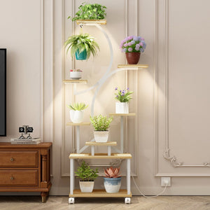 English Elm Plant Stand with Full Spectrum Grow Lights 8 Tier S Shaped Iron Corner Display Rack White+Natural W2641P446508