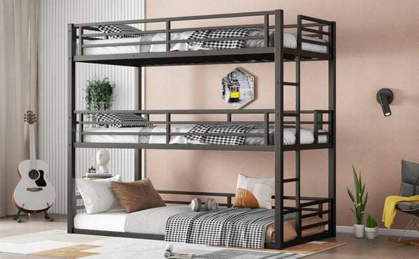 English Elm Twin Xl Triple Bunk Bed - Heavy-Duty Metal Frame With Guardrails & Noise-Reduced Design In Black W1580S00143-GIGA