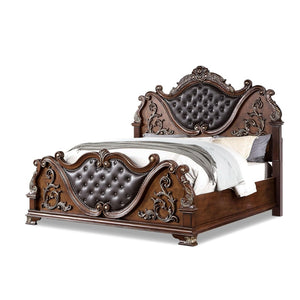 English Elm Luxurious Eastern King Bed Brown Cherry Baroque Tufted Leatherette Carved Wood Frame B2741S00813