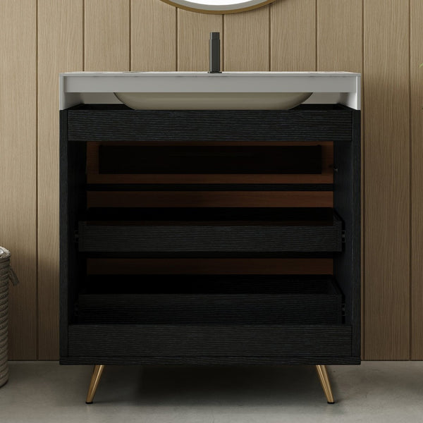 English Elm Modern Freestanding Vanity with Sintered Stone Top Ceramic Sink and Gold Steel Legs W3136S00054