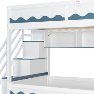 English Elm Twin Over Kids Bunk Bed with Castle Roofline Led Lights and Staircase Storage White N820S00068K