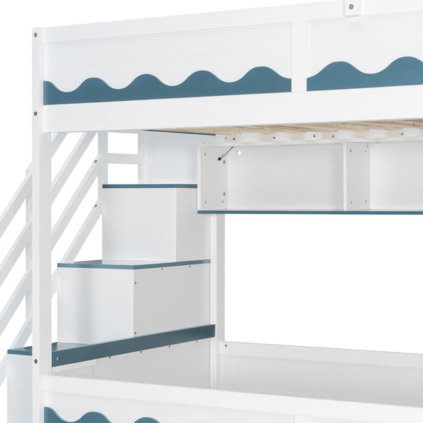 English Elm Twin Over Kids Bunk Bed with Castle Roofline Led Lights and Staircase Storage White N820S00068K