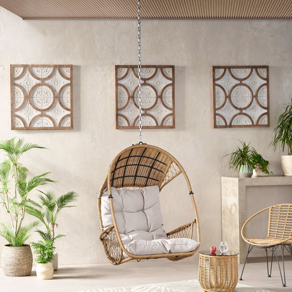 English Elm Christopher Knight Home® - GREYSTONE Hanging Chair with 8ft Chain — Wicker Faux Rattan Basket, Water-Resistant Beige Cushions, Indoor/Outdoor Comfort 70788.00LBGE