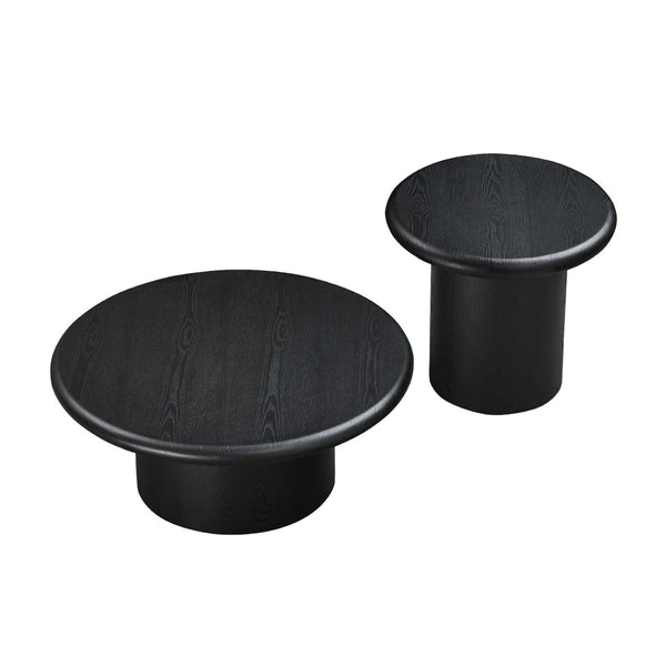 English Elm 2-piece Nesting Round Coffee Table Set Wood Veneer Sculptural Living Room Accent Black W2582S00185