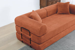English Elm Convertible 3-Seat Sleeper Sofa Bed Corduroy Folding Floor Couch with Cylindrical Pillow, Plush Support Orange W3199P309397