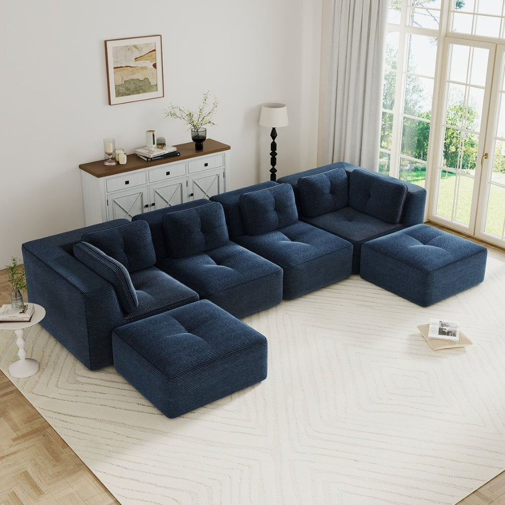 English Elm Modern Corduroy Modular Sectional with Tufted Cushions Two Ottomans Living Room Blue W714S01806