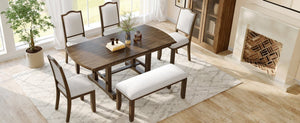 English Elm 6-piece Extendable Wood Dining Set with Linen Upholstered Chairs Bench Seats Eight Beige+Brown N752S000097D