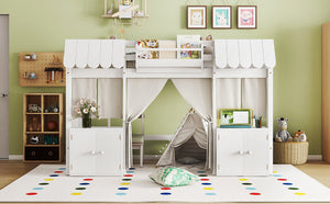 English Elm Twin Loft Bed Cottage-Style Playhouse with Built-In Bookshelf, Curtain & Storage, Safe Guardrails White W1580S00355